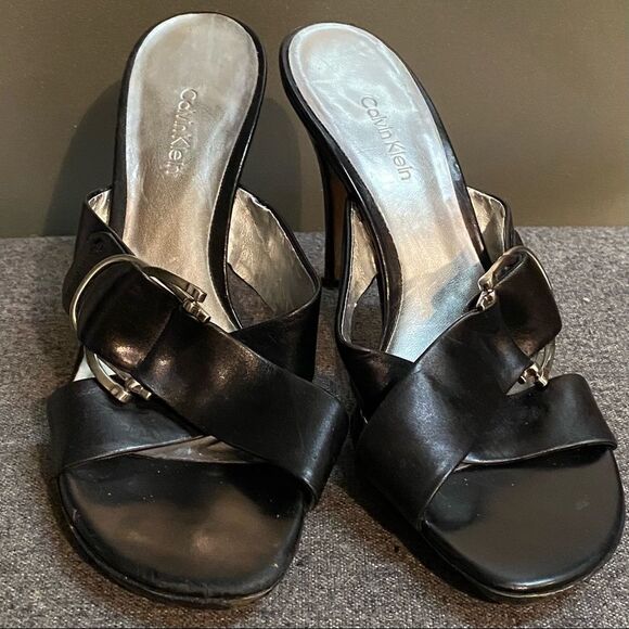 Y2K Calvin Klein Black Leather Large Silver Buckle Slide Stiletto Heel Sandal 9 - Picture 3 of 10